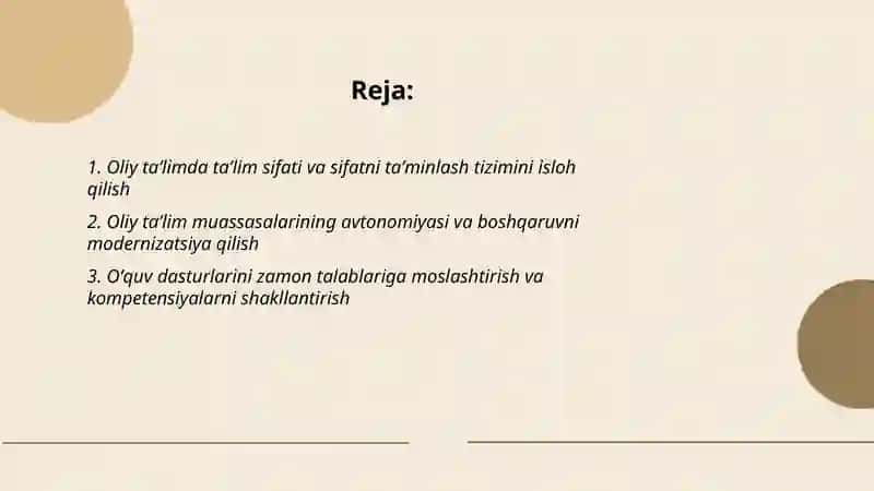 Oliy taʼlim sohasida islohotlar va undan koʻzlangan maqsadlar 2
