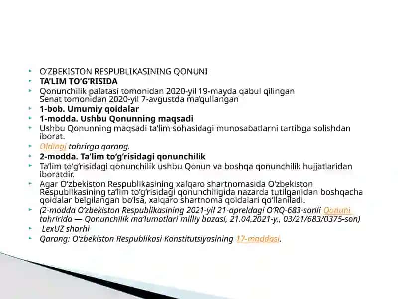 O‘ZBEKISTON RESPUBLIKASINING QONUNI TA’LIM TO‘G‘RISIDA 2