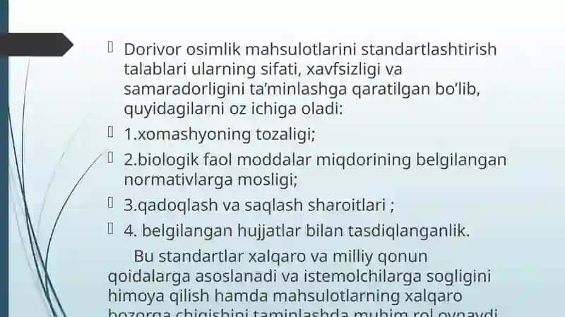 Dorivorosimlik mahsulotlari standardlarni oʻrganish 2