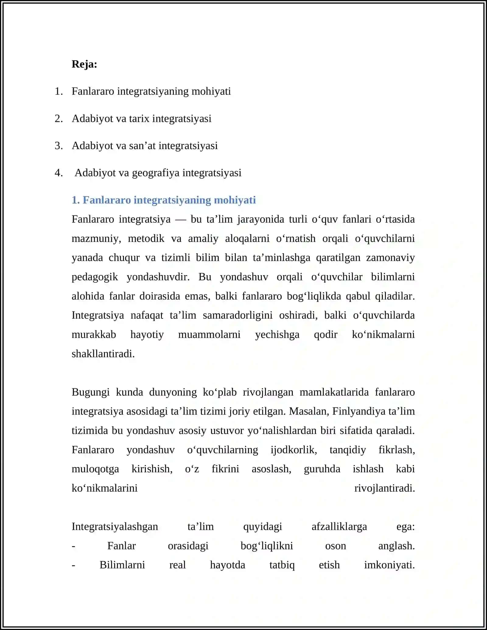 ADABIYOT DARSLARIDA FANLARARO INTEGRATSIYADAN FOYDALANISH 2