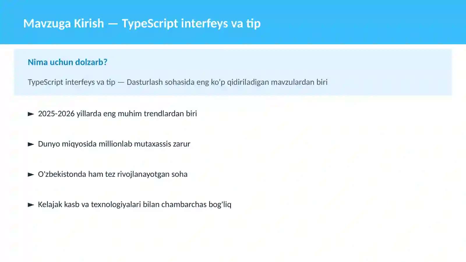 Mavzuga Kirish — TypeScript interfeys va tip 2
