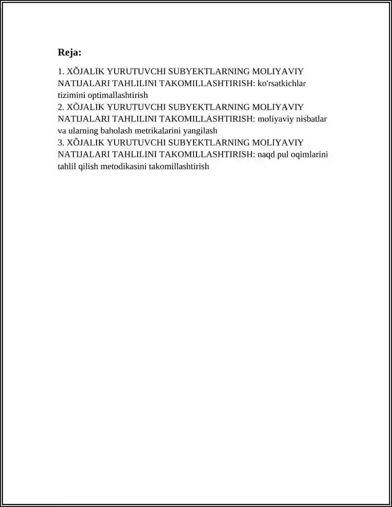XÕJALIK YURUTUVCHI SUBYEKTLARNING MOLIYAVIY NATIJALARI TAHLILINI TAKOMILLASHTIRISH 2