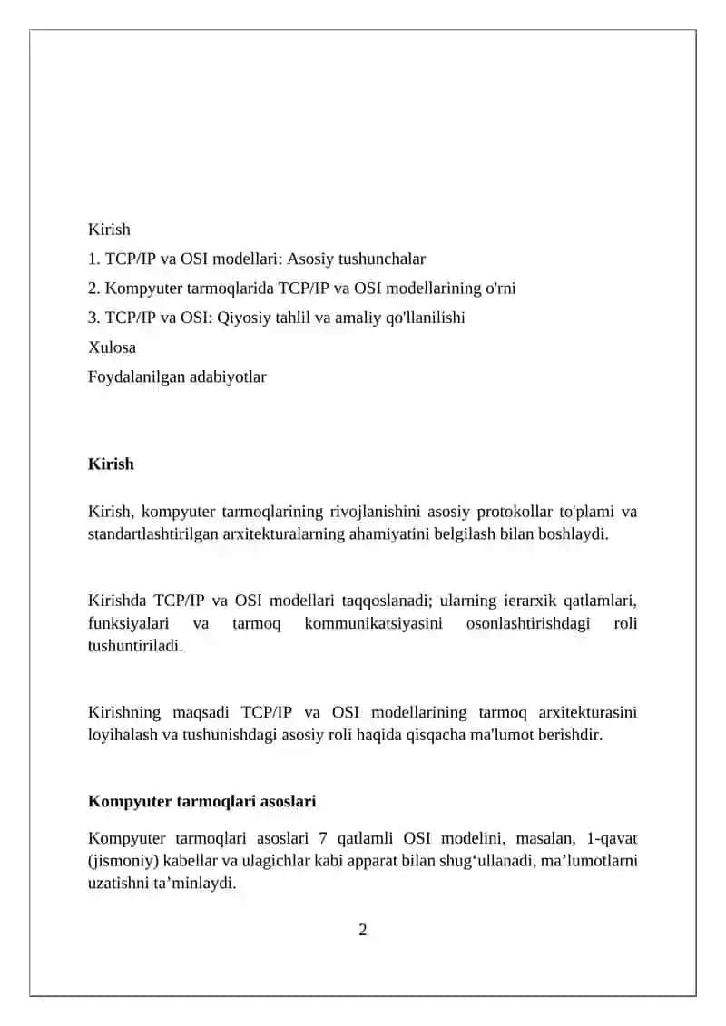 TCP/IP va OSI modellarning kompyuter tarmoqlarini qurishda o'rn 2