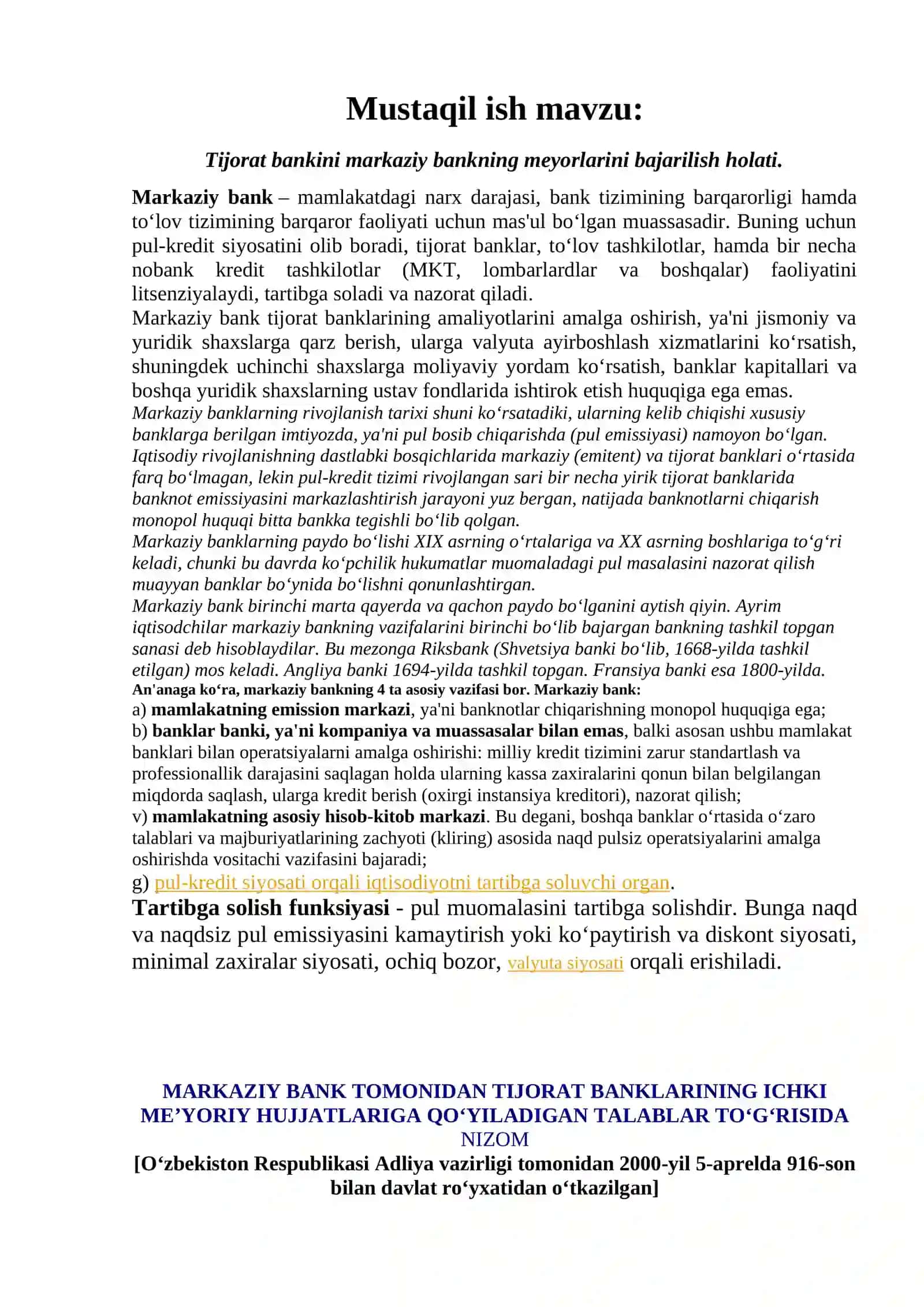 Tijorat bankini markaziy bankning meyorlarini bajarilish holati 2