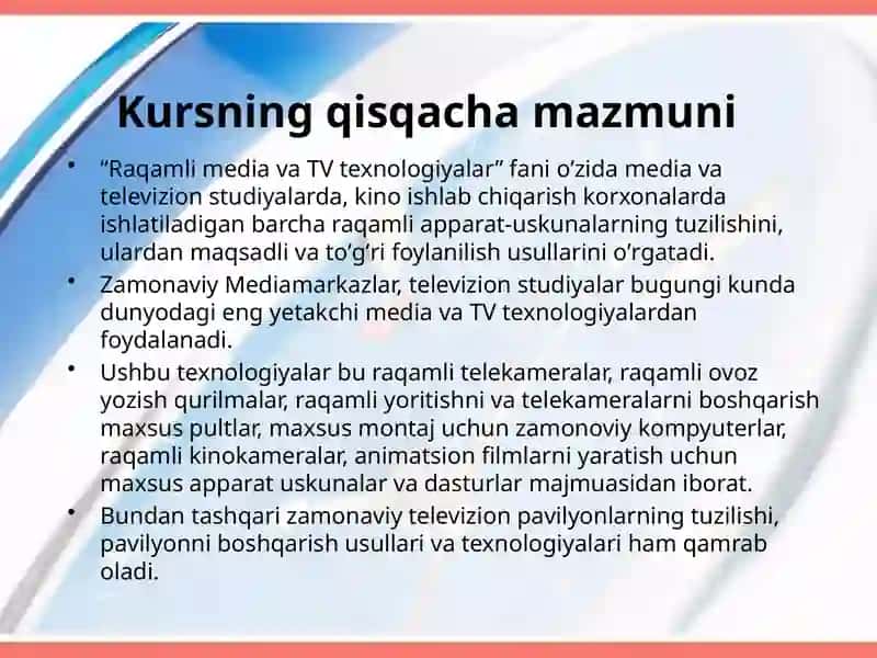 Raqamli media va TV texnologiyalarfanigakirish 2