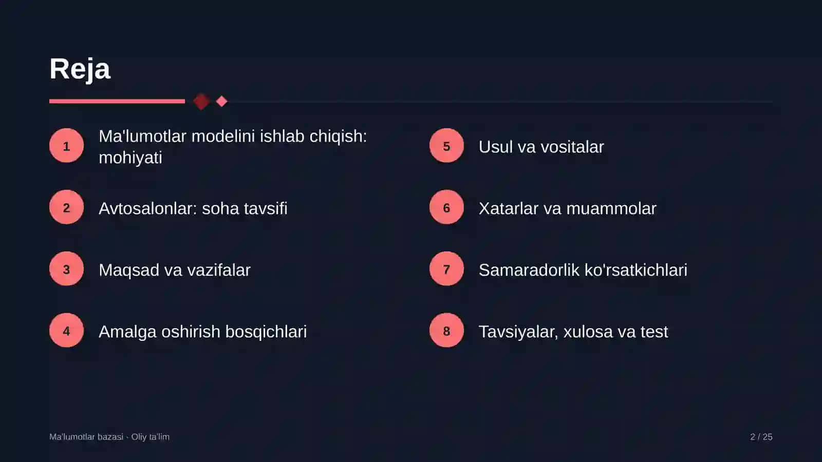 Avtosalonlarda ma'lumotlar modelini ishlab chiqish 2