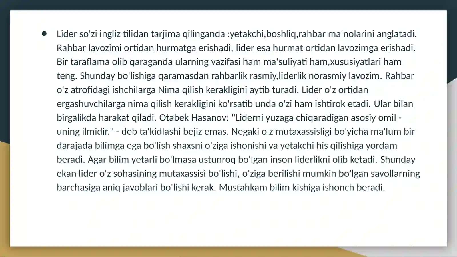 Jamoa ishini tashkil etishda liderning roli 2