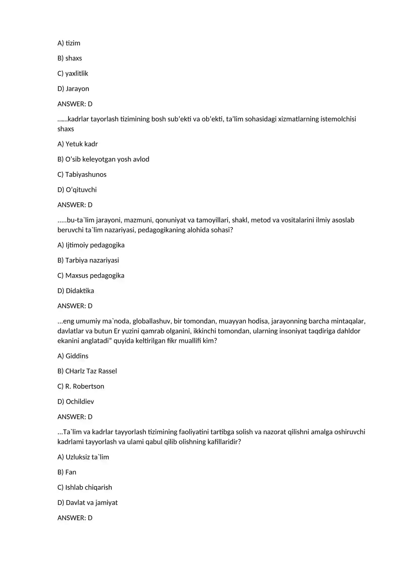 PedaGOGIK maxorat fanidan test savollari 2
