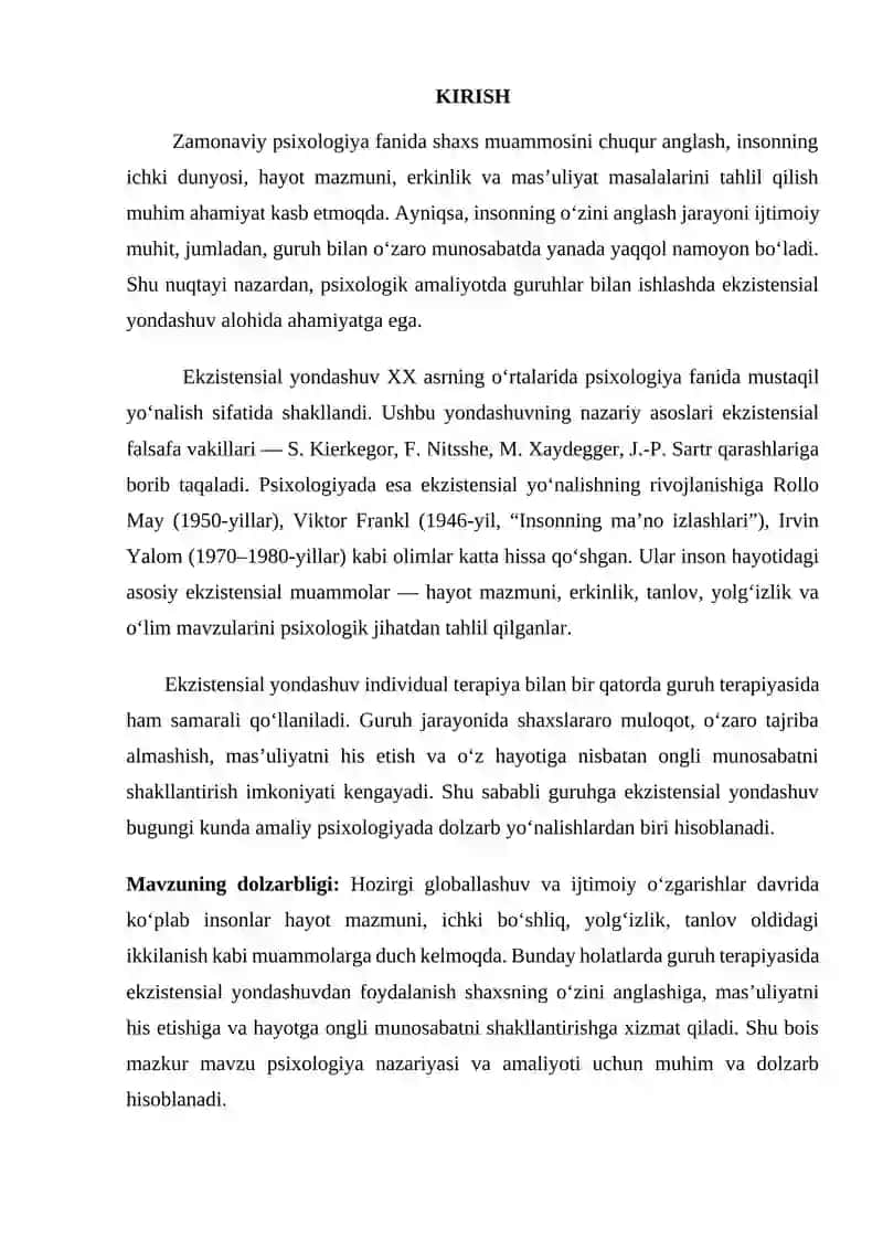 Guruhga ekzistensial yondashuv. 2