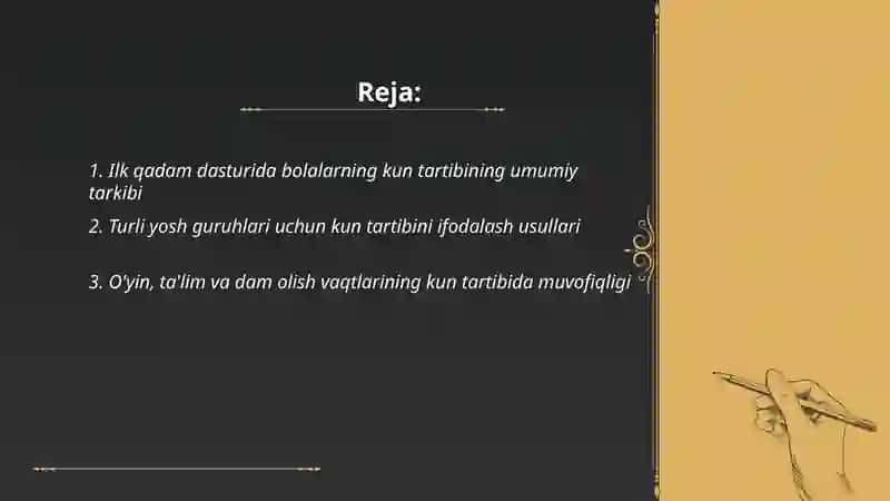 Ilk qadam davlat dasturida bolalarning kun tartibining ifodalanishi 2
