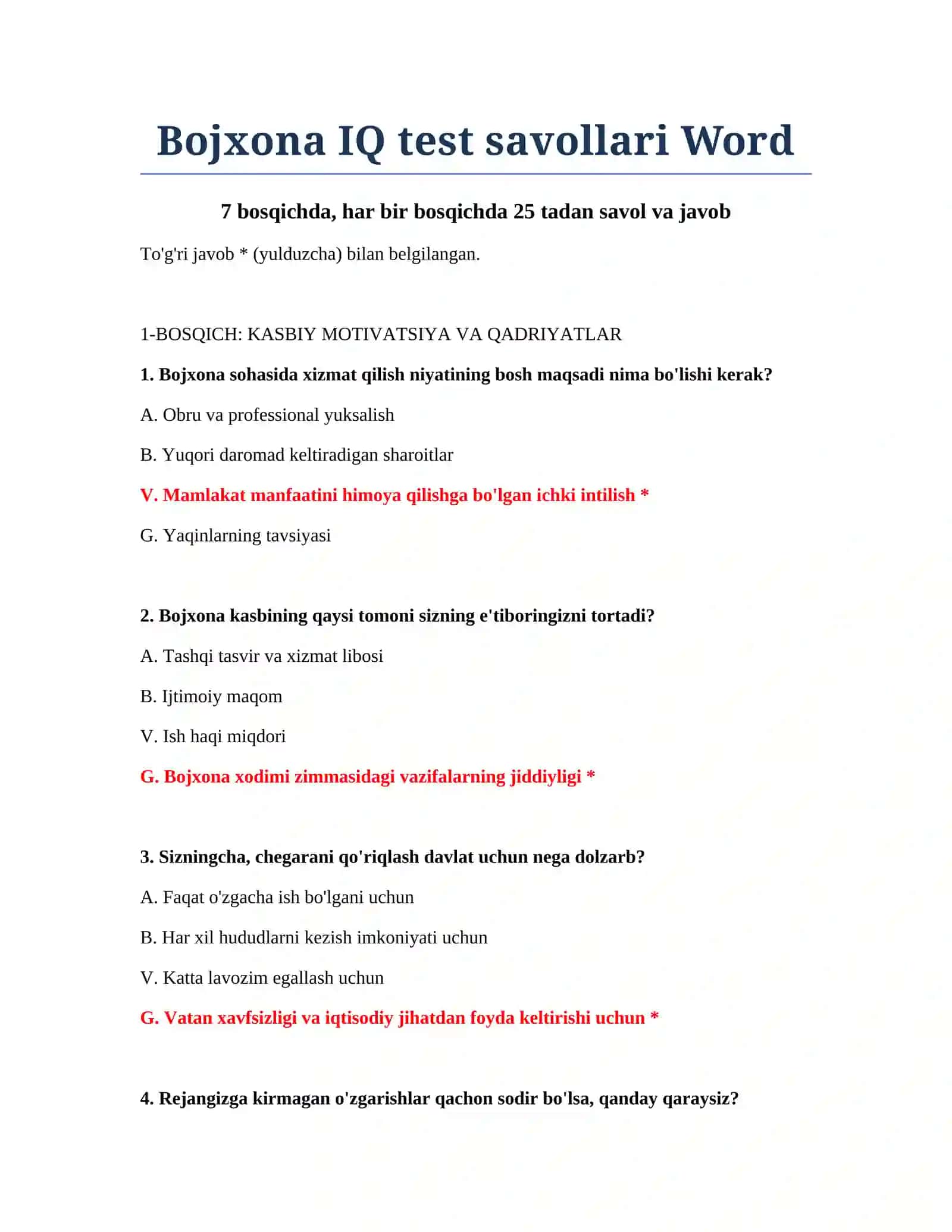 Bojxona IQ test savollari Word 2