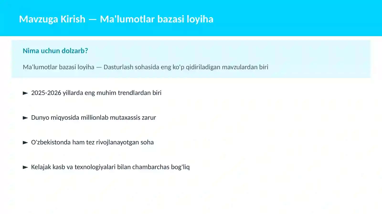 Mavzuga Kirish — Ma'lumotlar bazasi loyiha 2