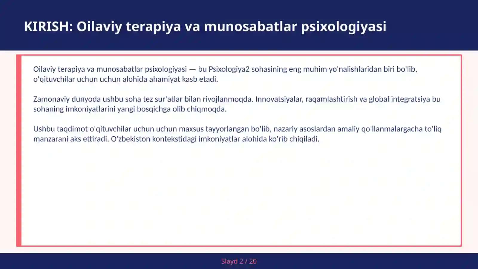 Oilaviy terapiya va munosabatlar psixologiyasi 2