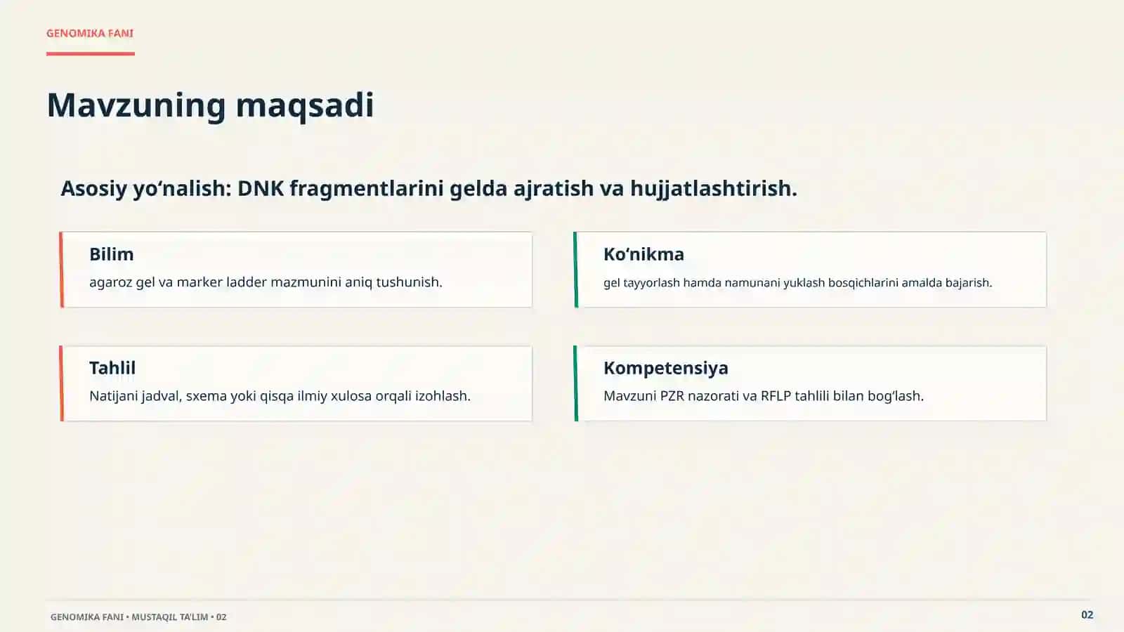 GENOMIKA FANIDAN MUSTAQIL TA’LIM MT25: PZR va restriksiya mahsulotlarini gel-elektroforez usuli yordamida vizualizatsiya qilish va gel-hujjatlashtiruvchi tizimda saqlash. DNK fragmentlarini gelda ajratish va hujjatlashtirish. 20 slaydli premium taqdimot 2