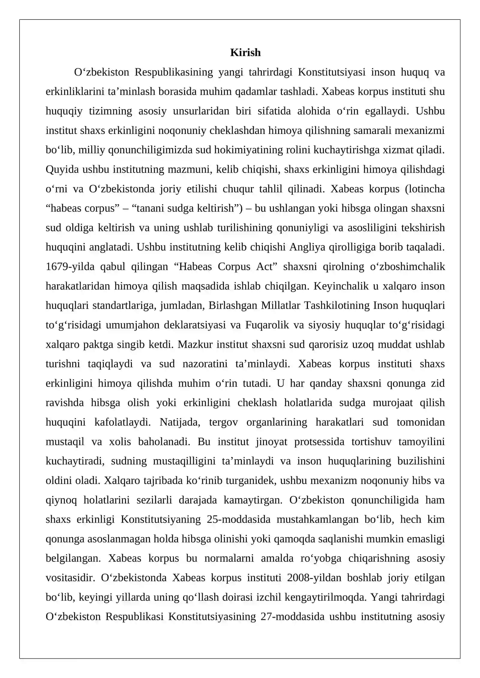 Milliy qonunchiligimizda Xabeas Korpus institute 2