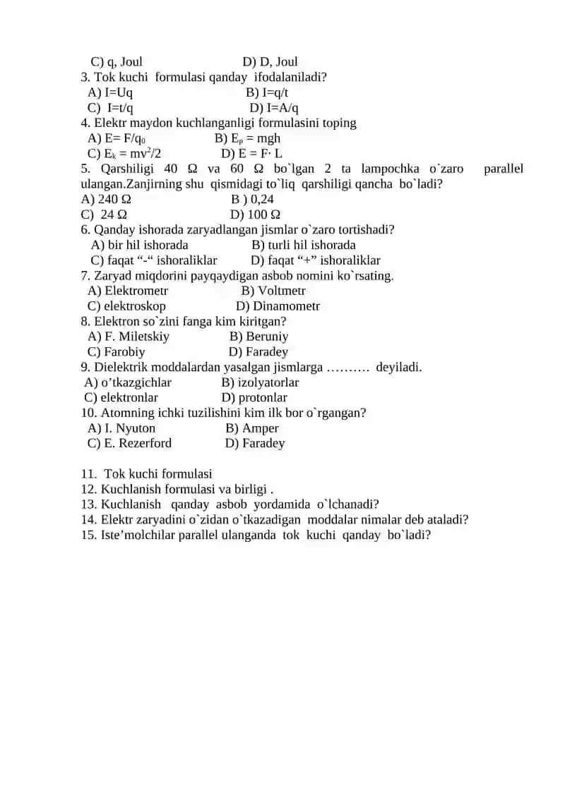 8- sinf. Fizika 1-qator 2