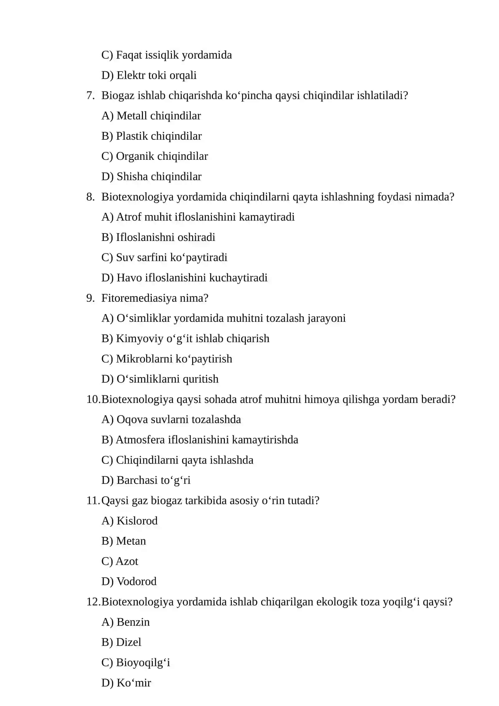 "Atrof muhitni saqlashda biotexnologiyaning roli" variantli testlar 2