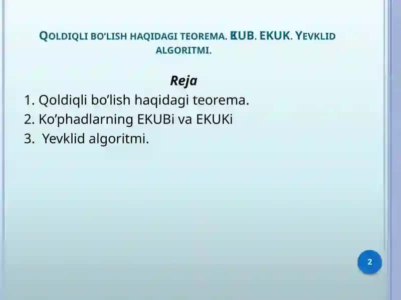 Qoldiqli bo’lish haqidagi teorema 2