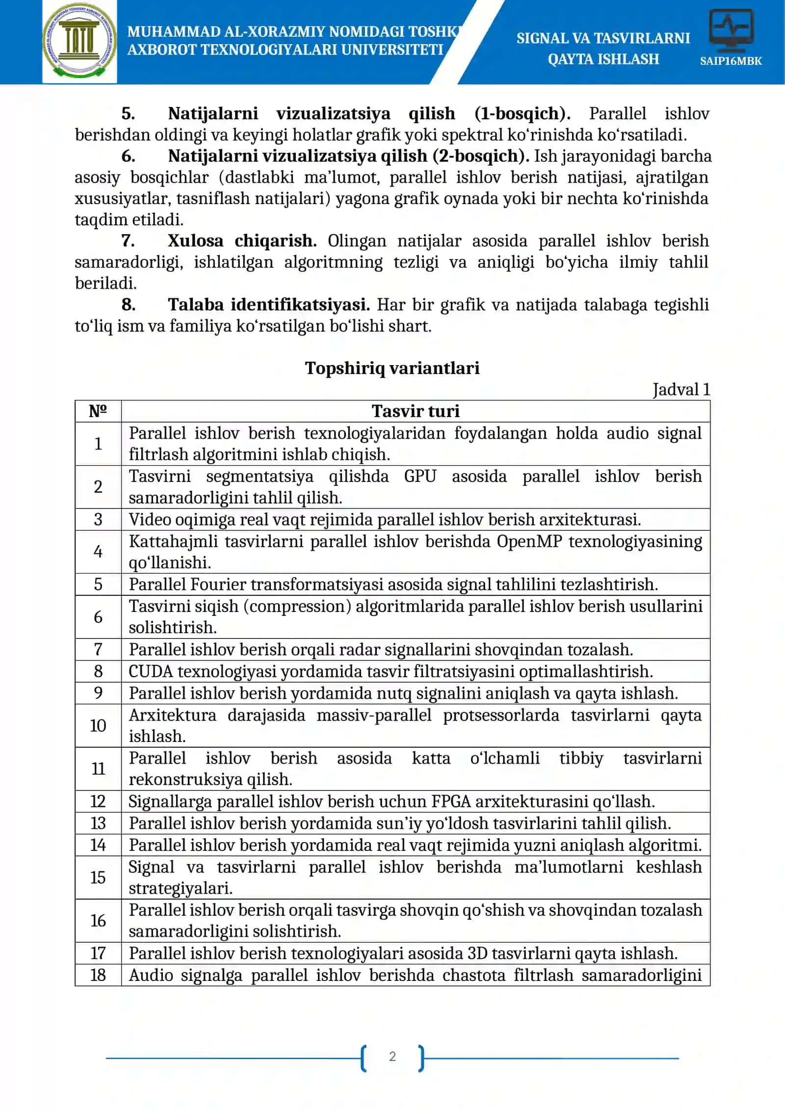 PARALLEL QAYTA ISHLASH TEXNOLOGIYASI AMALIY QO‘LLASH 2