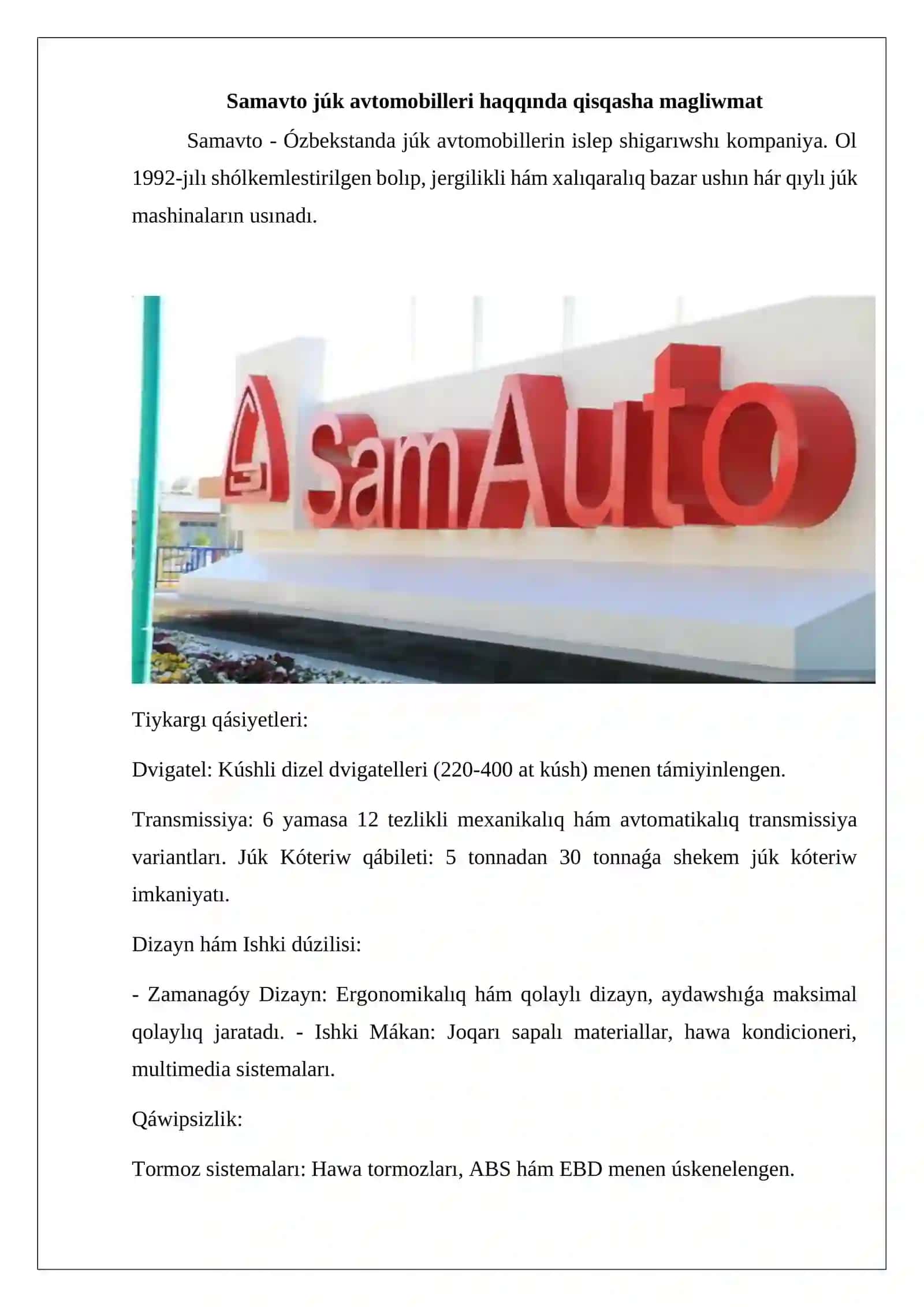 Samavto júk avtomobilleri haqqında qisqasha magliwmat 2