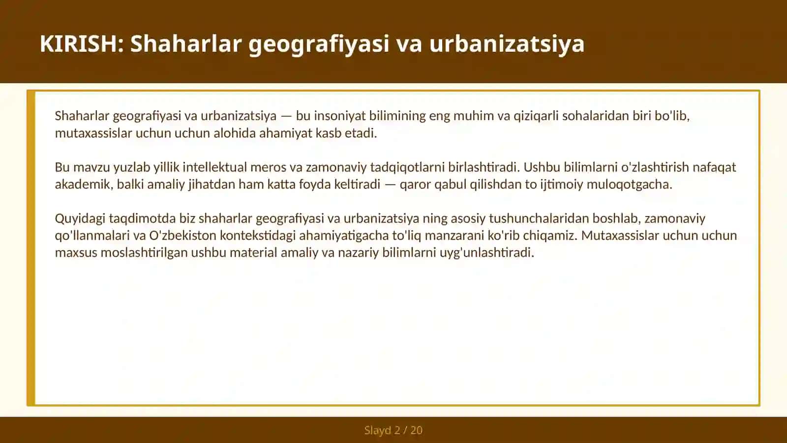 SHAHARLAR GEOGRAFIYASI VA URBANIZATSIYA 2