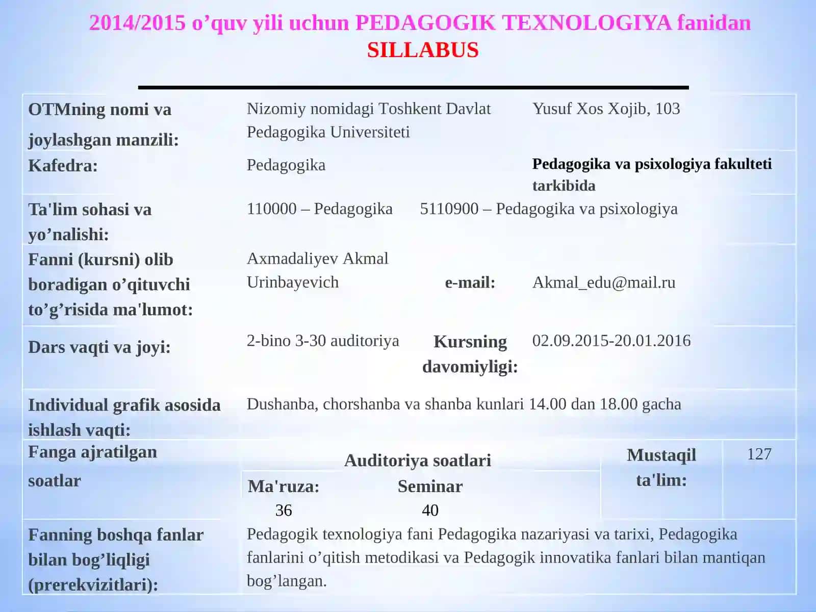 PEDAGOGIK TEXNOLOGIYA FANIDAN MODUL-ELEKTRON MAJMUASINING MAZMUNI 2