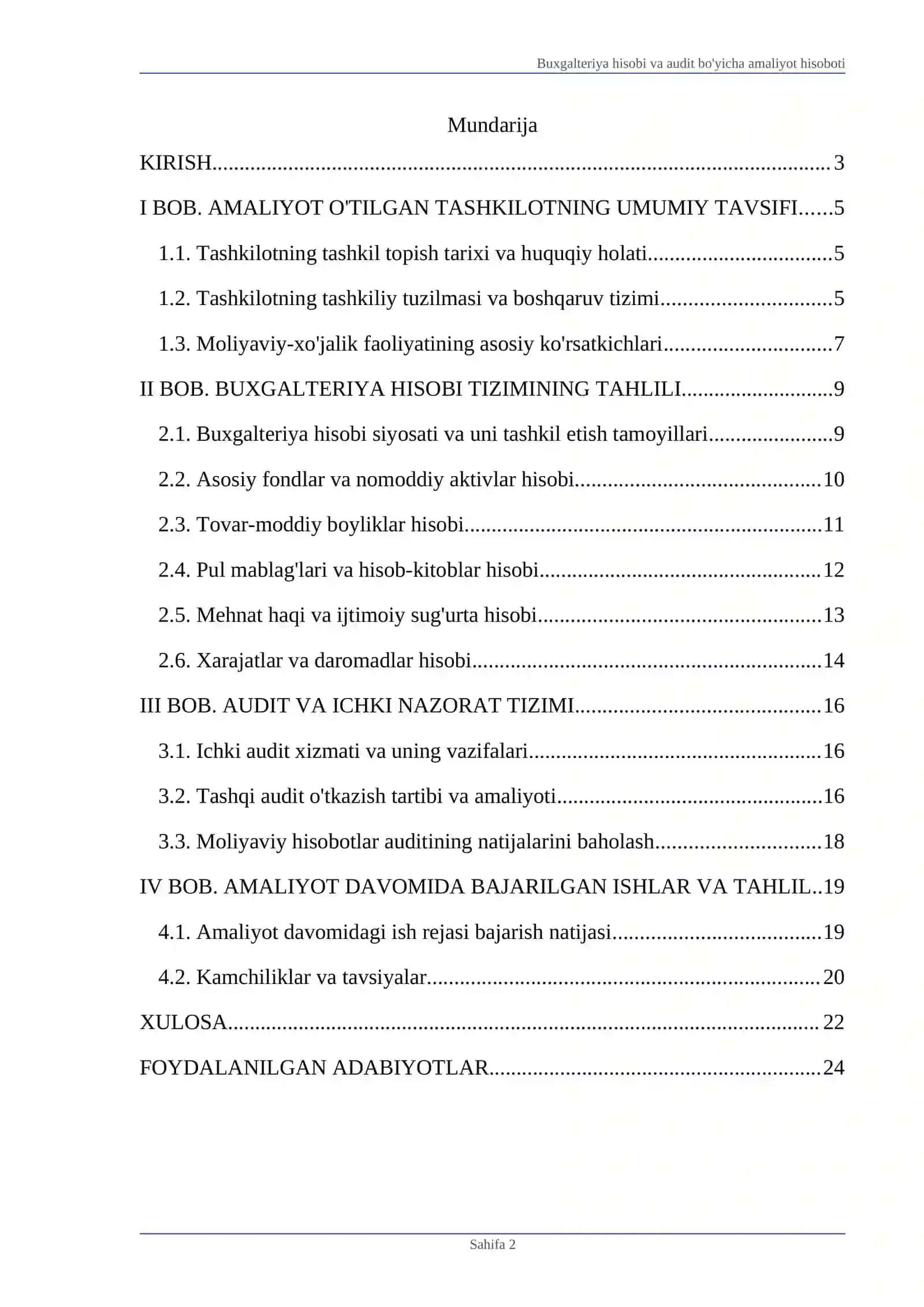 Buxgalteriya hisobi va audit bo'yicha amaliyot hisoboti 2