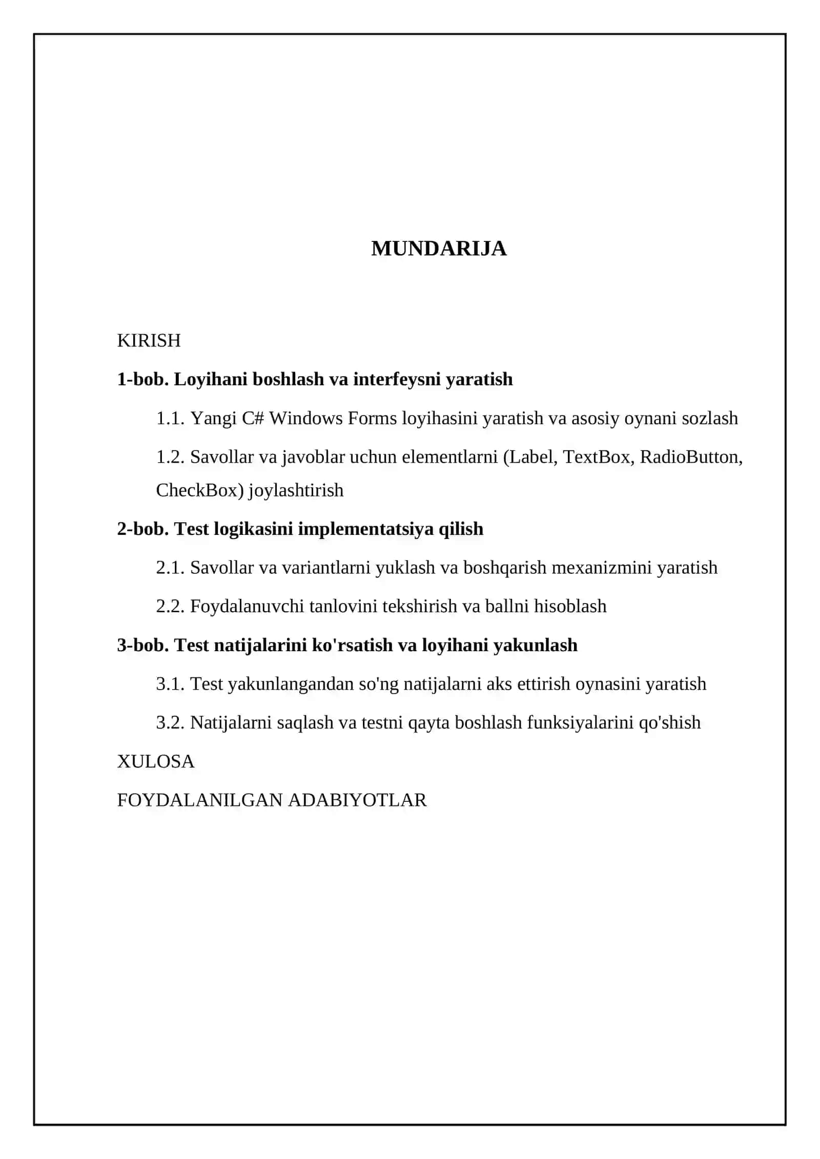 C# Windows Forms yordamida test tizimini yaratish bosqichlari 2