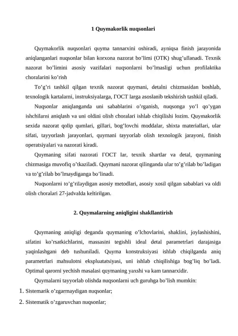 Quymakorlik nuqsonlari va quymani aniqligi 2