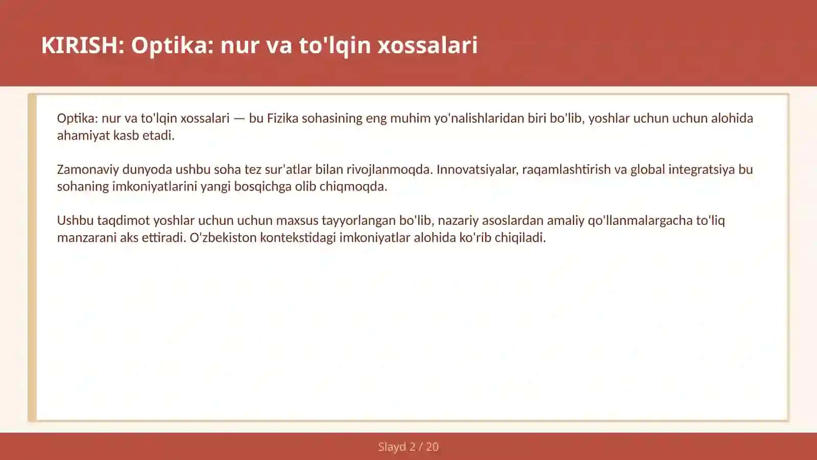 Optika: nur va to'lqin xossalari 2