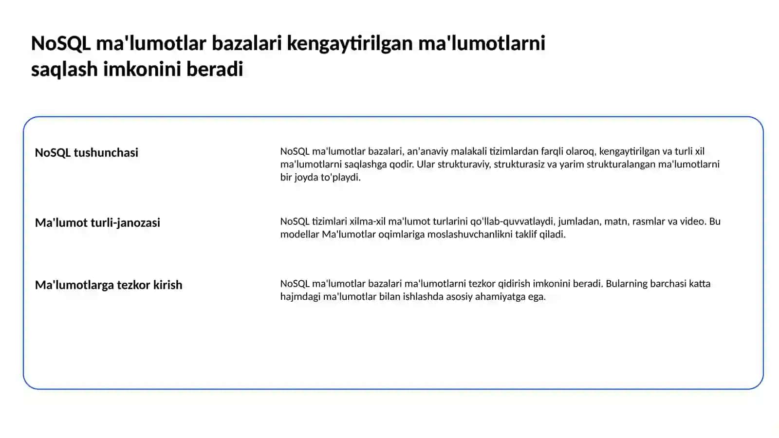 NO SQL MA`LUMOTLAR BAZALARINING AFZALLIKLARI VA KAMCHILIKLARI 2