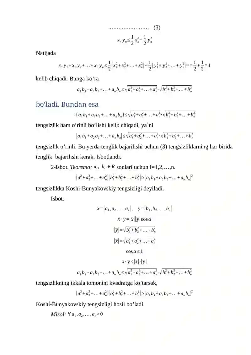 Algebraik tengsizliklarni isbotlashda Koshi-Bunyakovskiy tengsizligining tatbiqlari. 2
