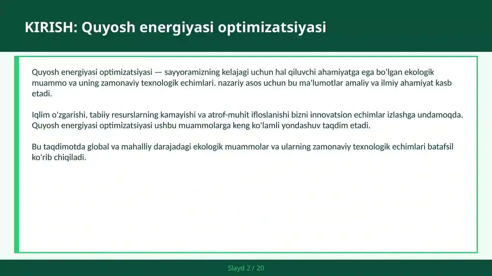 Quyosh energiyasi optimizatsiyasi 2
