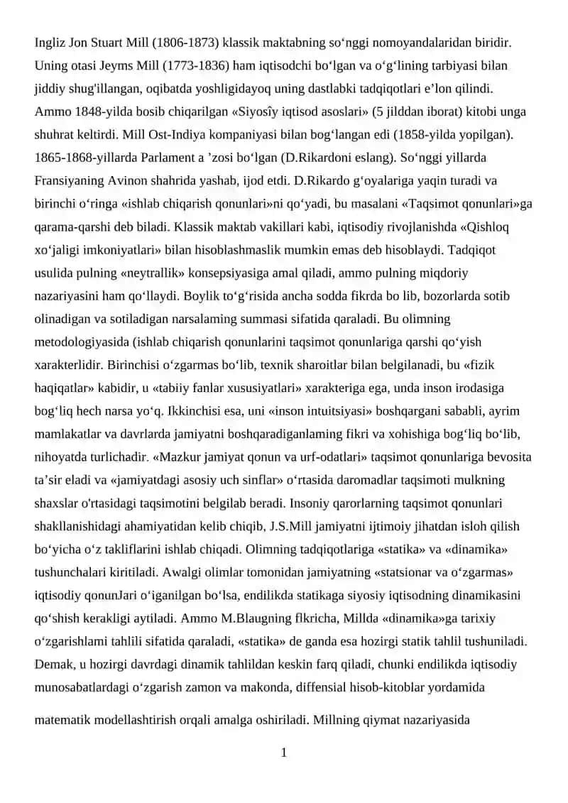 Jon Styuart Millning iqtisodiy erkinlik haqidagi qarashlari 2