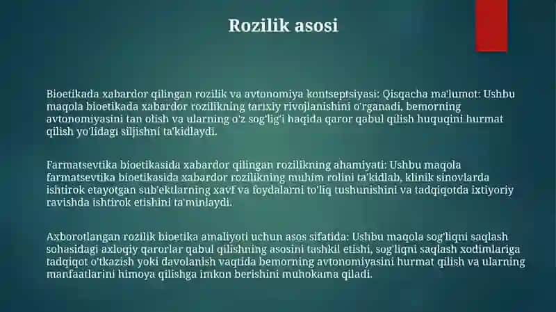 Farmasevtik Bioetikada Rozilik Tamoyilini Õrni 2