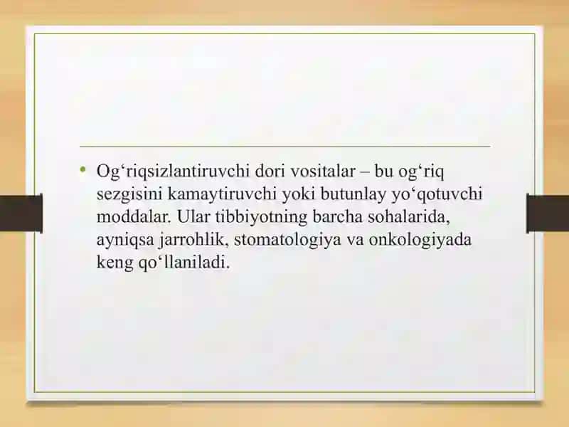 Zamonaviy og'riqsizlantiruvchi dori vositalar 2