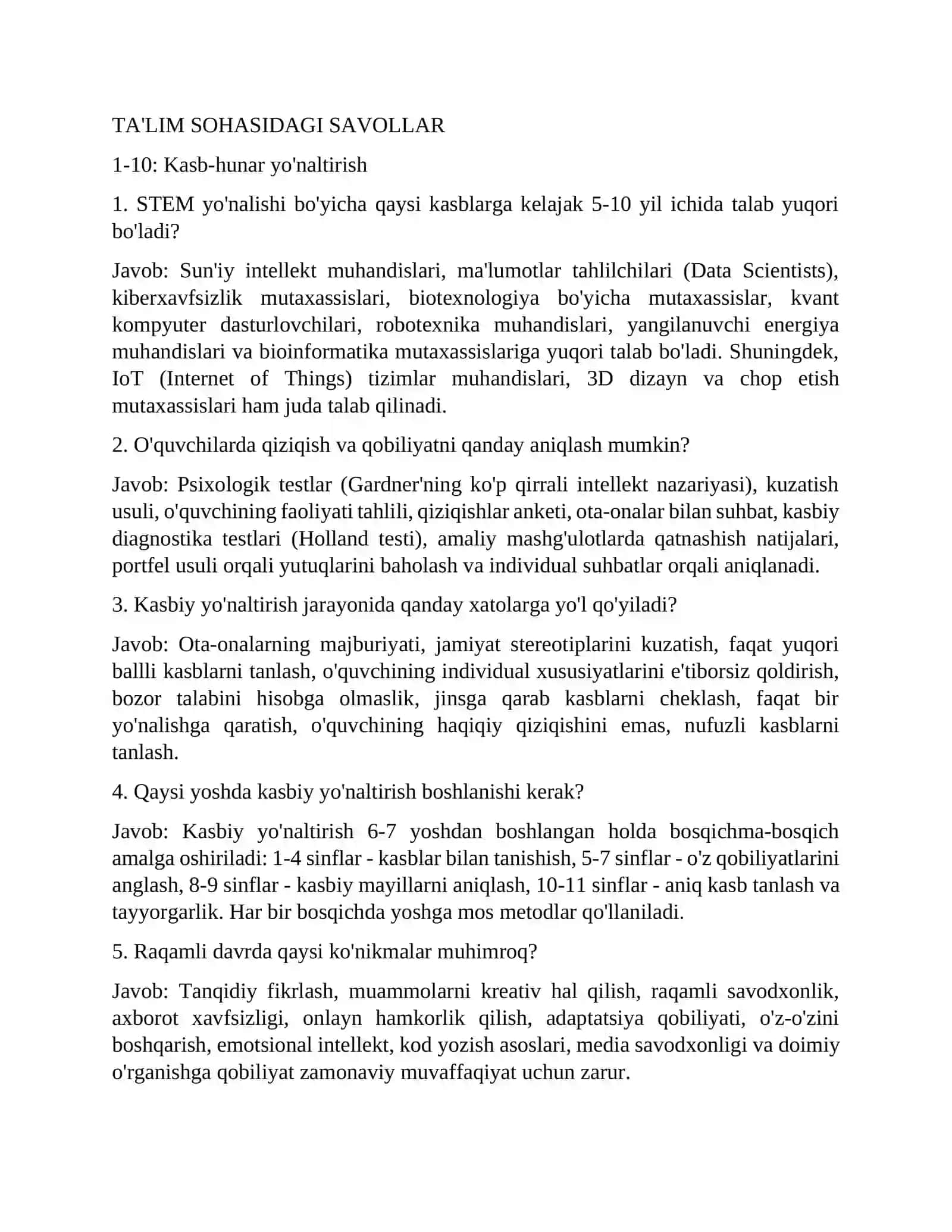 Maktab maslahatchisi lavozimi uchun imtihon savollari va javoblari 2