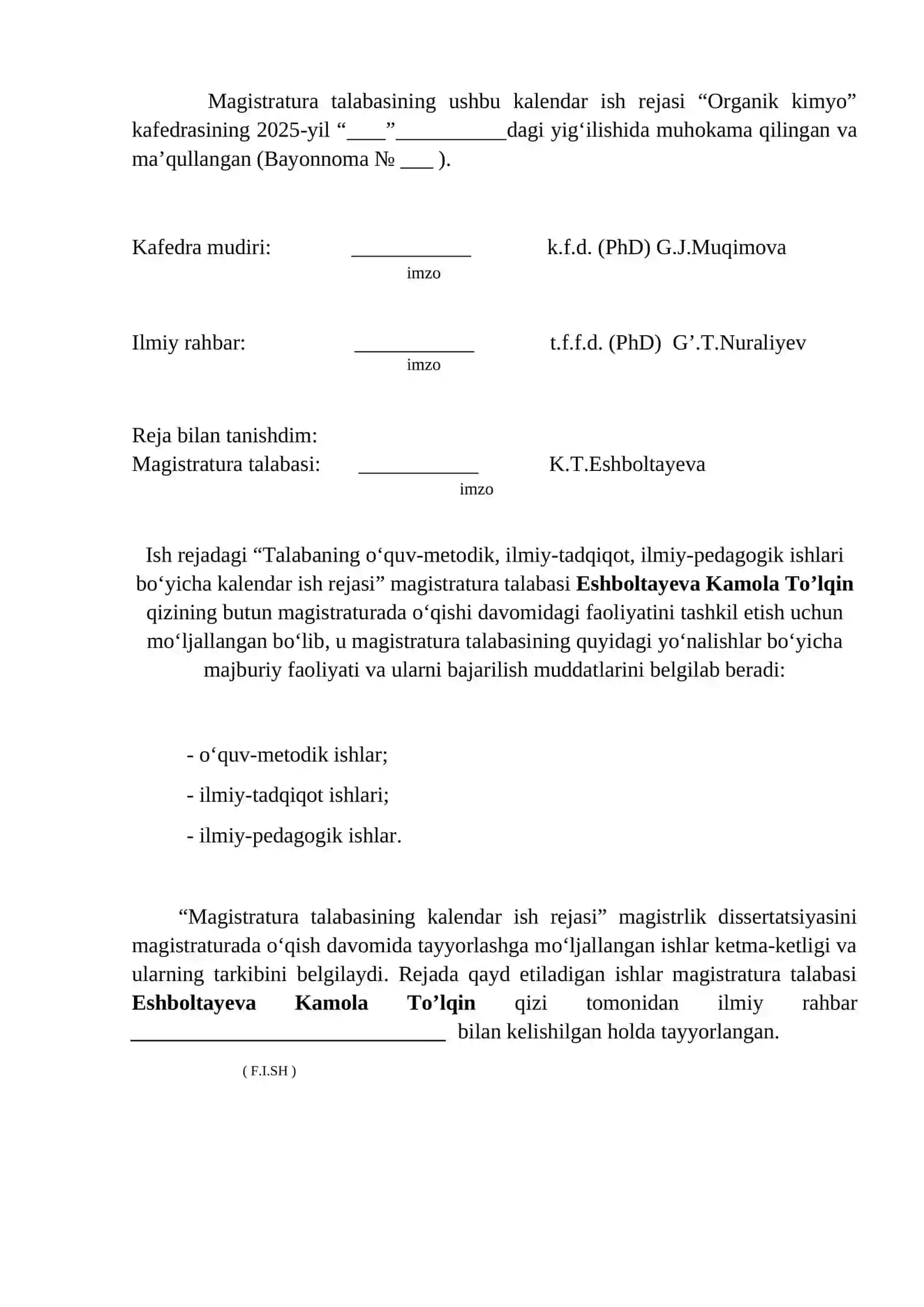 Kimyo mutaxassisligi magistranti 2025 yil 2
