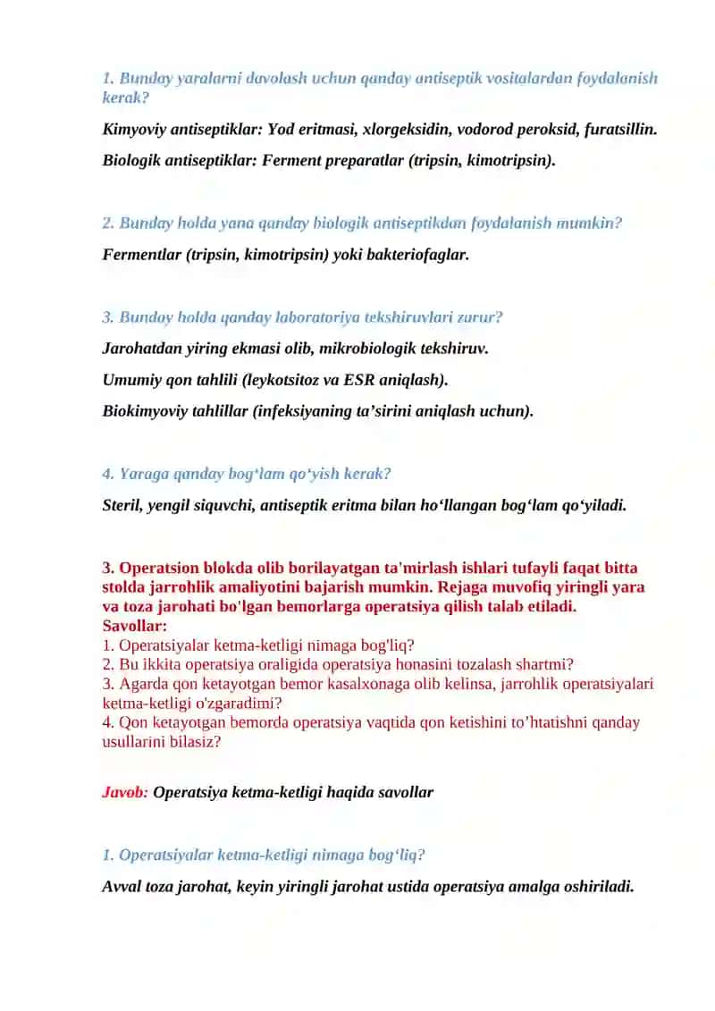 Yiringli jarohat va antiseptika haqida savollar 2