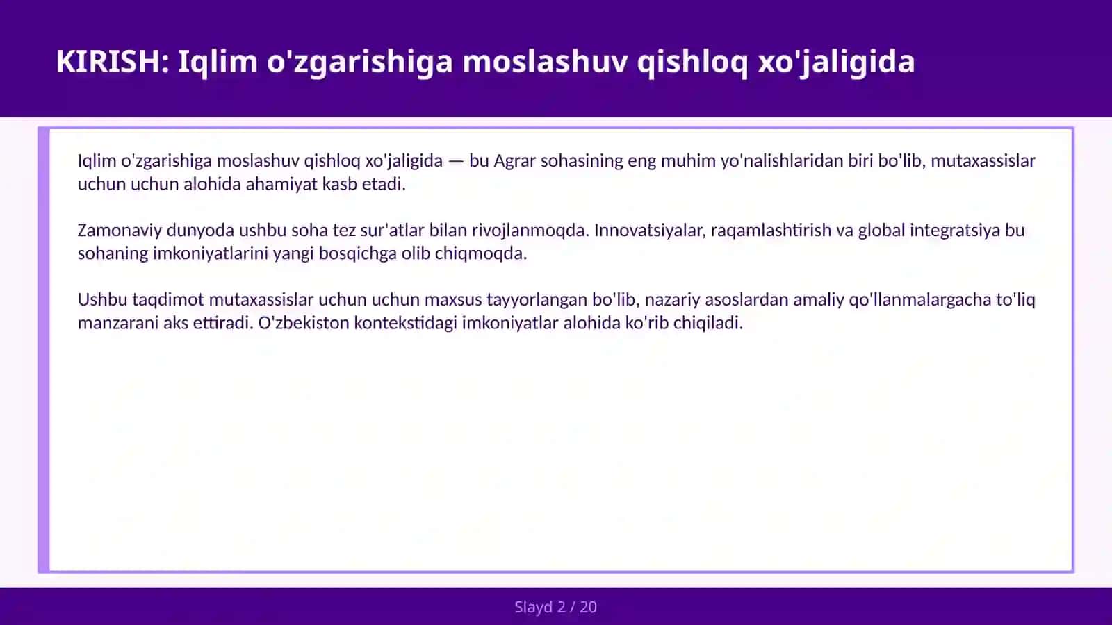 IQLIM O'ZGARISHIGA MOSLASHUV QISHLOQ XO'JALIGIDA 2