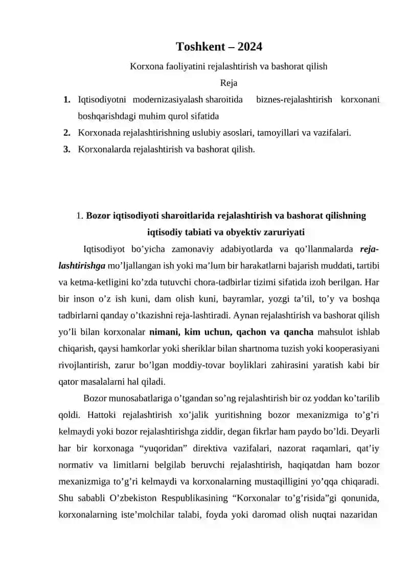 Korxona faoliyatini rejalashtirish va bashorat qilish 2