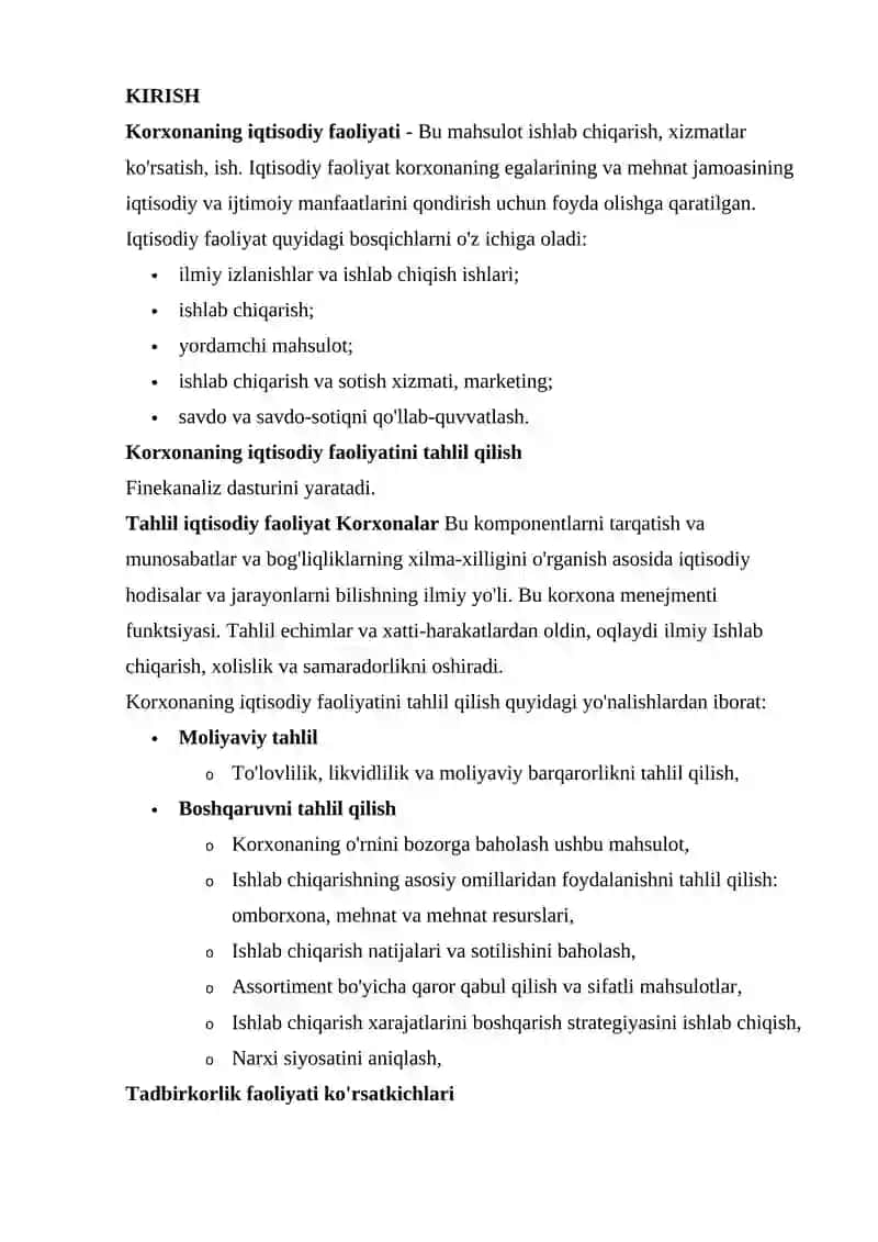 Korxonaning iqtisodiy faoliyati 2