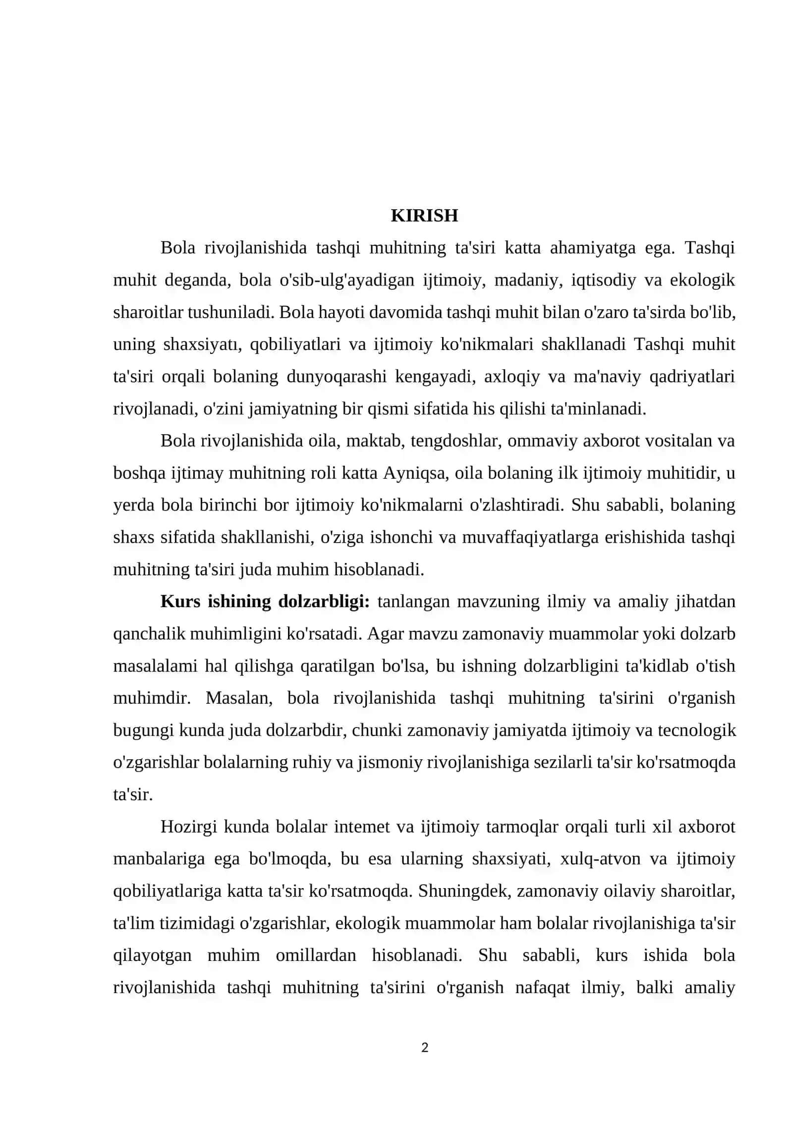 Bola rivojlanishida muhitning 2