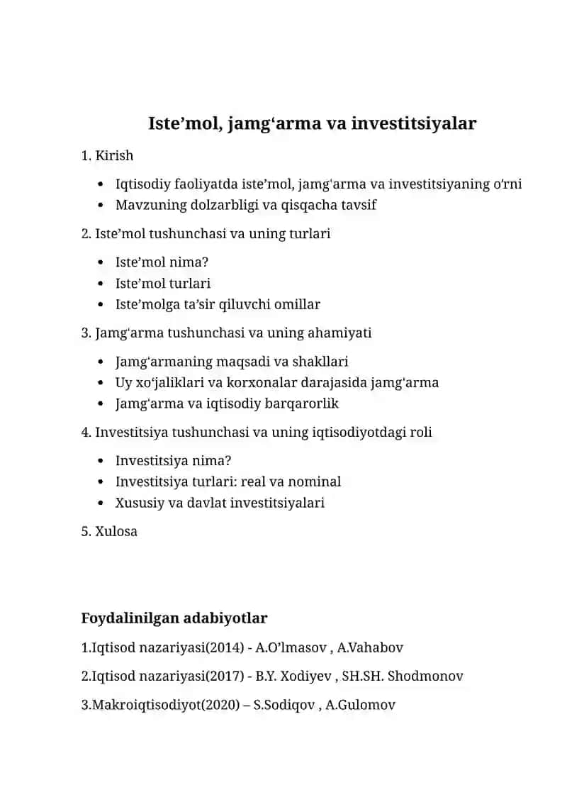 Iste’mol, Jamg‘arma va Investitsiyalar 2