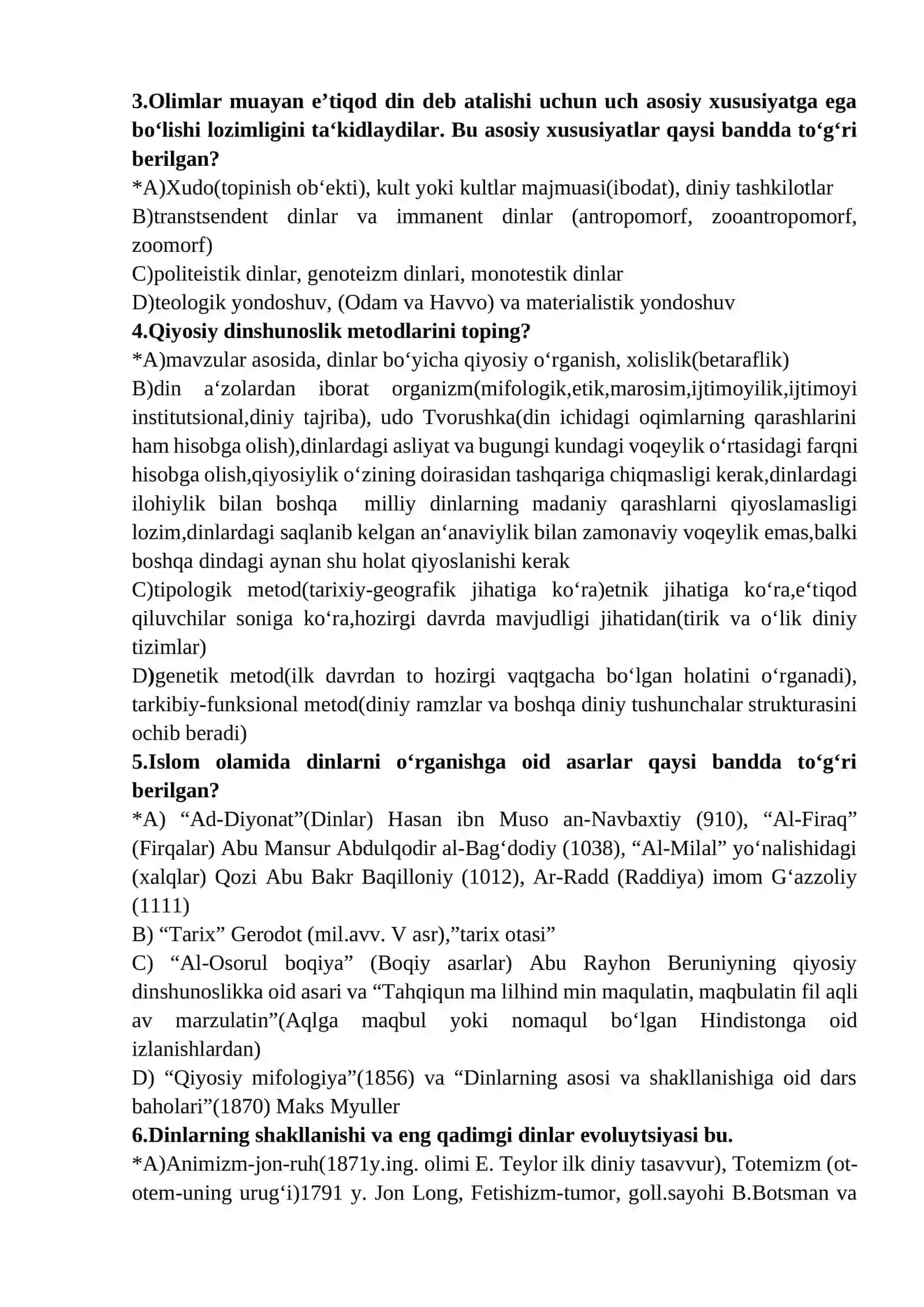 Dinshunoslik test yakuniy uchun 2