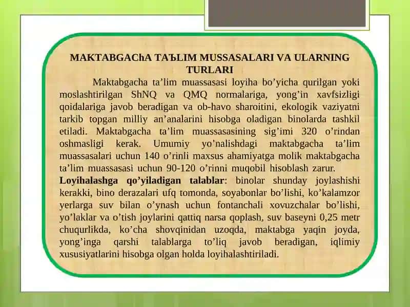 MАKTАBGАCHА TА`LIM MUАSSАSАLАRINI LOYIHALASH 2