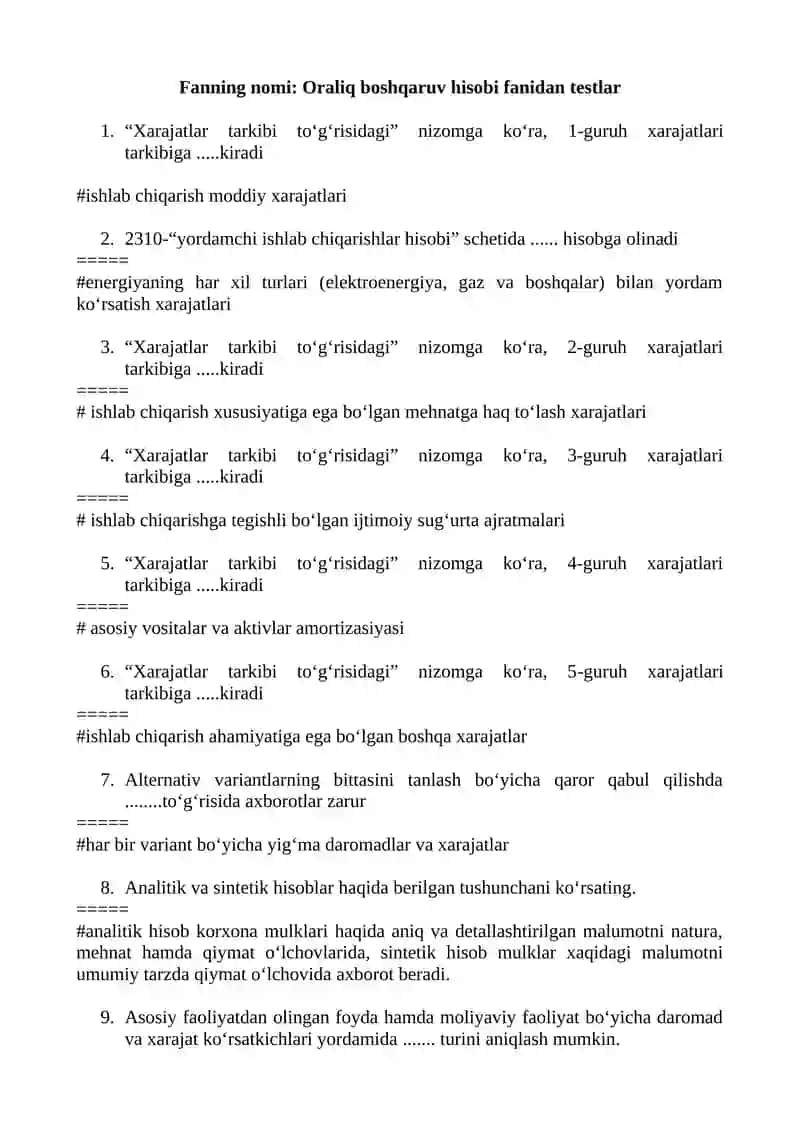 Oraliq boshqaruv hisobi testlar 2