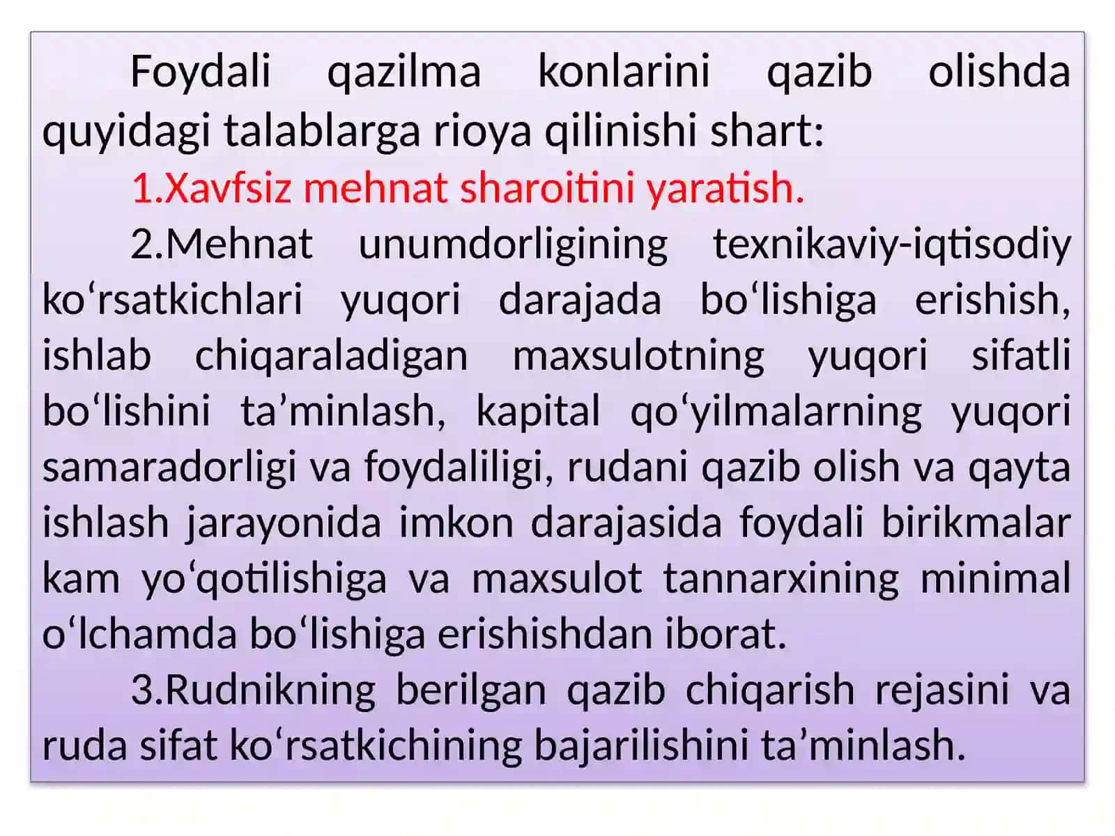 Konni qazib olishga qo‘yiladigan asosiy talablar 2
