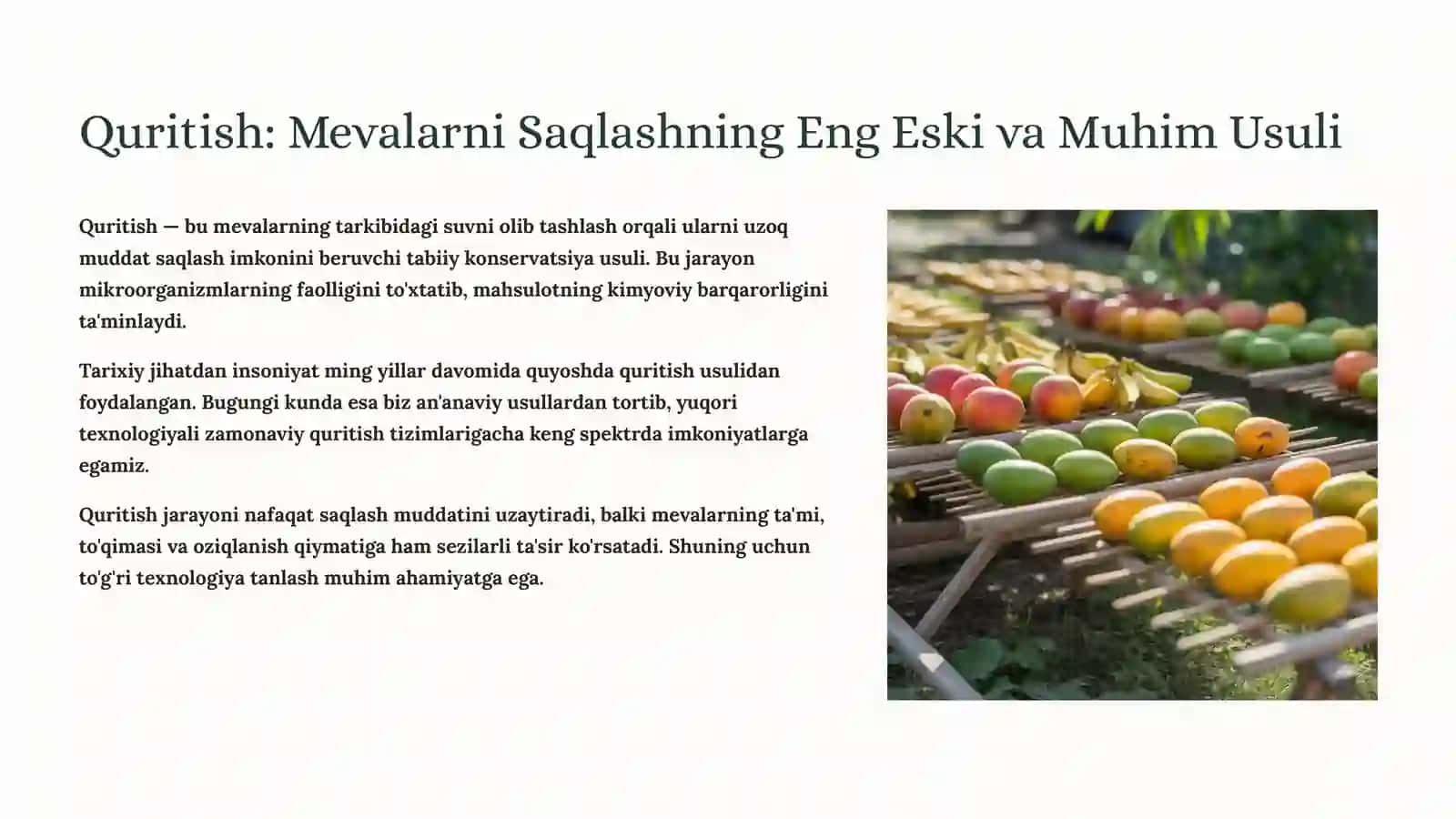 Quritilgan Mevalarga Tovar Ishlov Berish 2