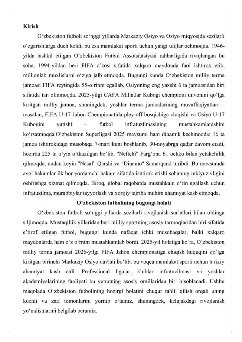 Oʻzbekiston futbolining bugungi holati va istiqbollari 2